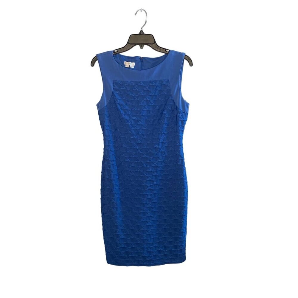 London Times Pencil Dress women’s Blue Textured Curved Lined Short Sleeve Size 8